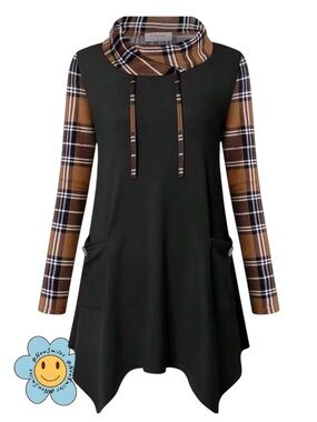 Bulotus ~ Black ~ Tunic ~ Sweater w/ Brown Plaid Sleeves & Cowl Neck